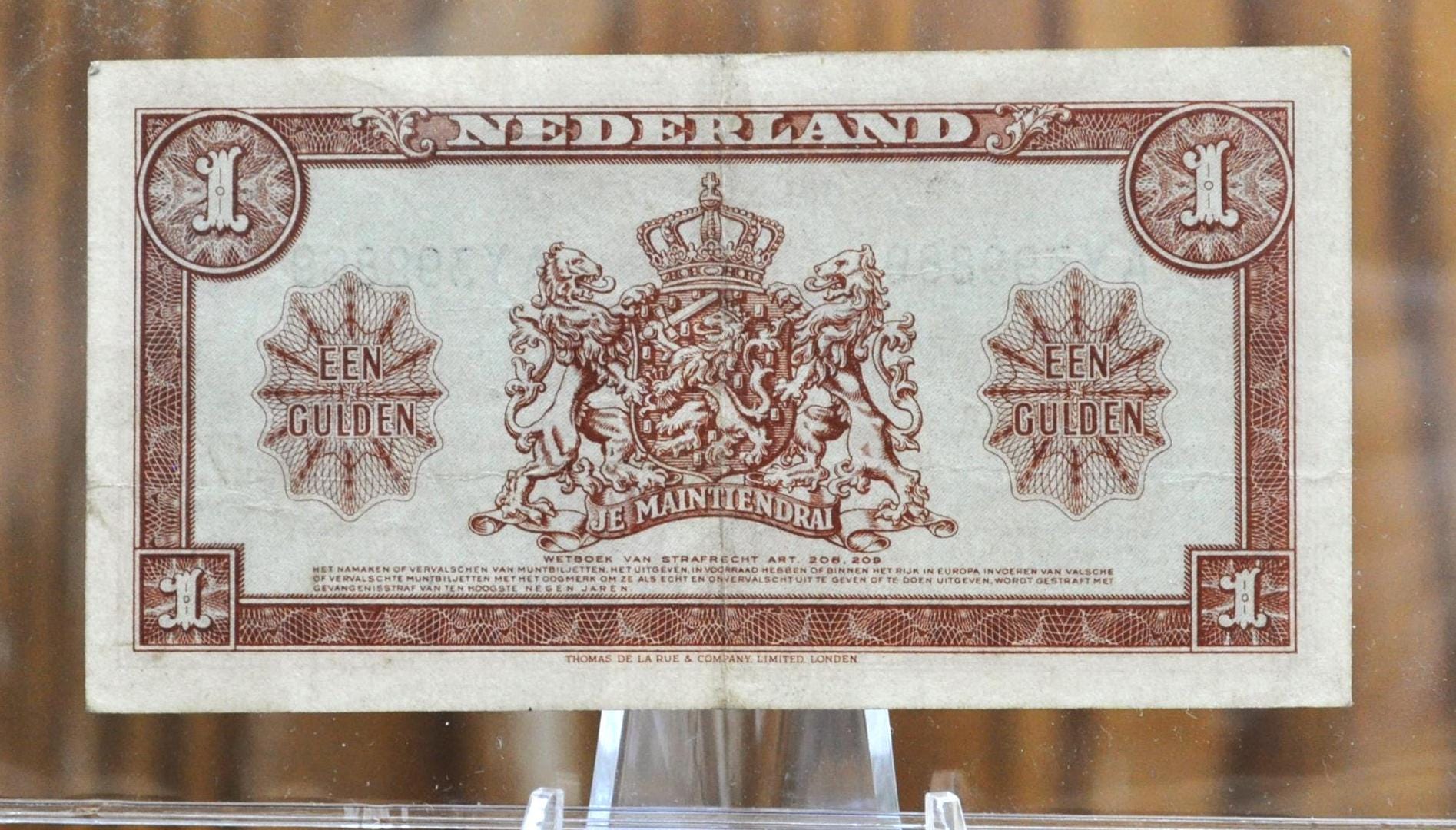 1945 Netherlands 1 Gulden Banknote - 1945 Muntbiljet Issue, 2 Letter Prefix - WWII Era Netherlands One Gulden Note 1945 - P#70