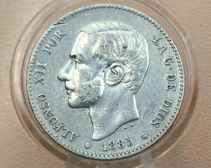 1885 Spanish Una Peseta - XF+ Details, Cleaned - Spain 1 Peseta 1885 One Peseta Spain - Rare Coin, Silver