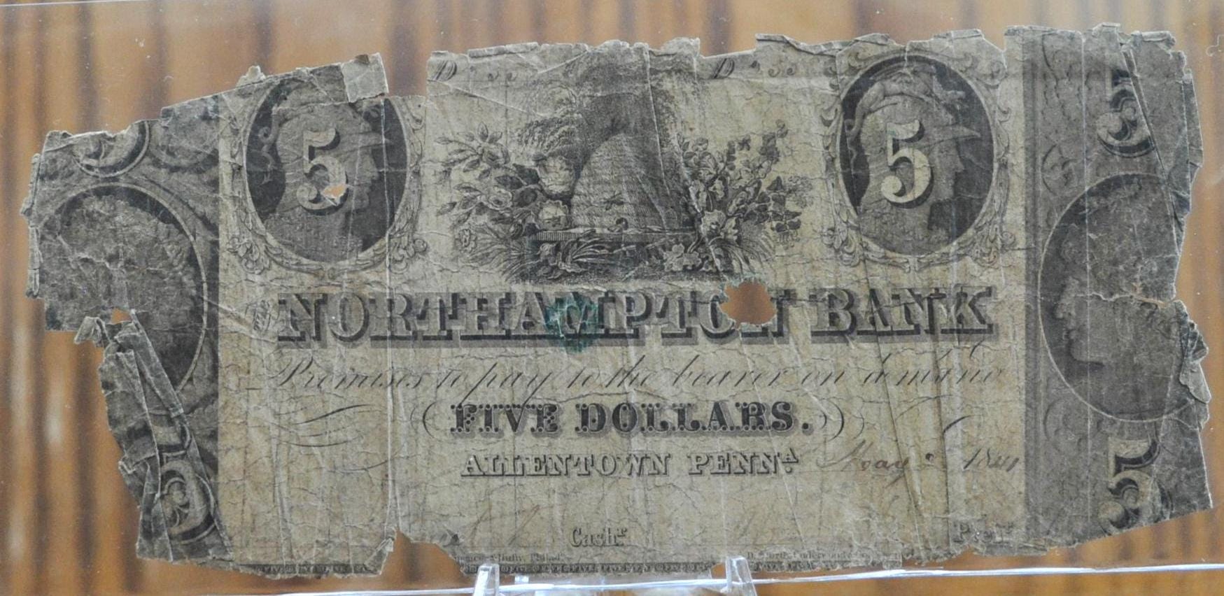 1841 Northampton Bank 5 Dollar Banknote - Pennsylvania Obsolete Currency - Very Fragile - 1841 Five Dollars Allentown PA Obsolete Bank Note