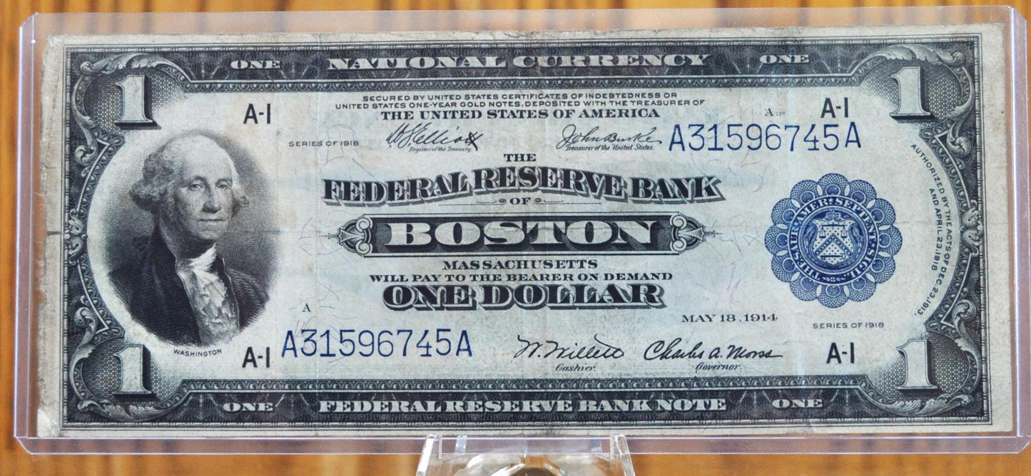 1918 1 Dollar Boston Federal Bank Note Large Size - Elliot/Burke, Willet/Morss Signatures - 1918 One Dollar National Currency Note - Fr#710