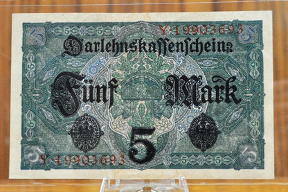 1917 5 Mark Darlehnskassenschien Paper Note - Choice of Serial Number Type - WWI era German Paper Money- 1917 German Five Mark Note- P#56a/b