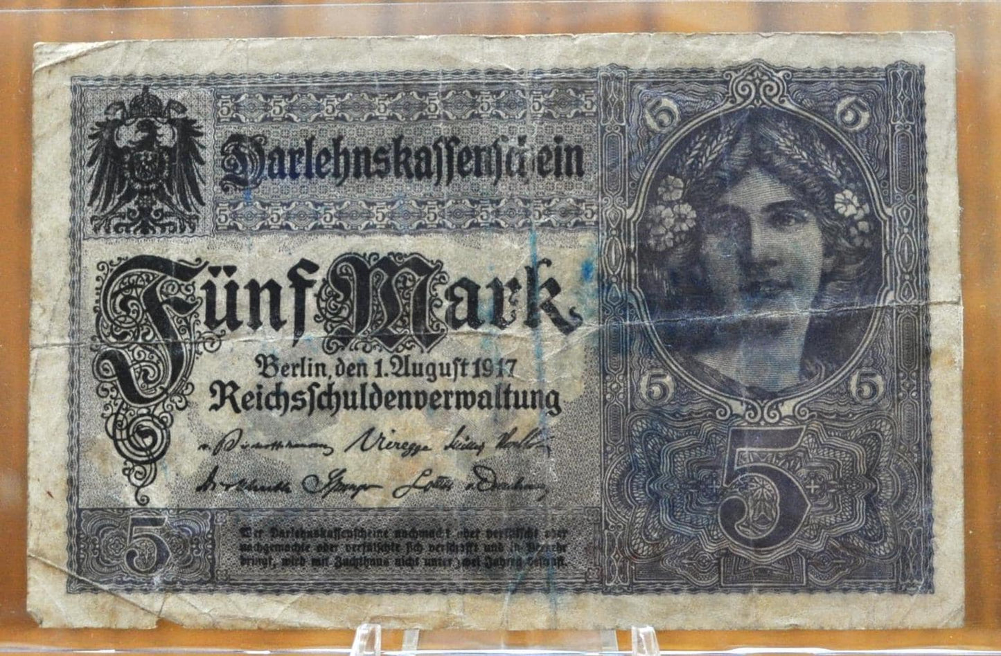 1917 5 Mark Darlehnskassenschien Paper Note - Choice of Serial Number Type - WWI era German Paper Money- 1917 German Five Mark Note- P#56a/b