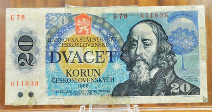 1988 20 Korun Czechoslovakia Bank Note - Komensky Type - Prefix E78 - 1988 Czechoslovakia State Bank Twenty Korun Note - P#95a