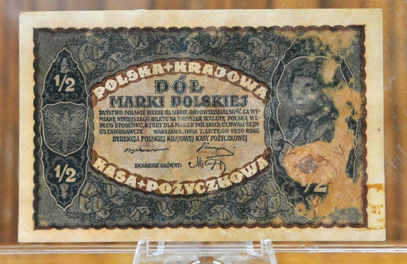 1920 Poland 1/2 Marki Paper Note - T. Kosciuszko Type - Choice Very Fine (VF+) Grade/Condition - 1920 Poland Half Marki Banknote - P#30