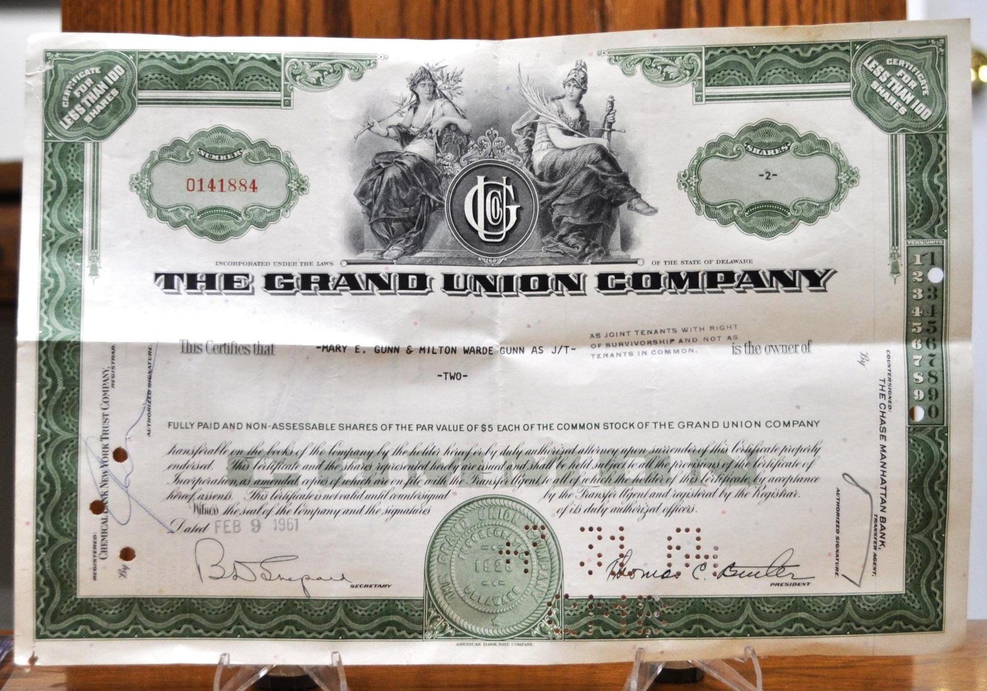 1961 Grand Union Company Share Certificate - Less Than 100 Shares - Fully Issued Share Certificate- 1961 2 Shares Grand Union Co Certificate