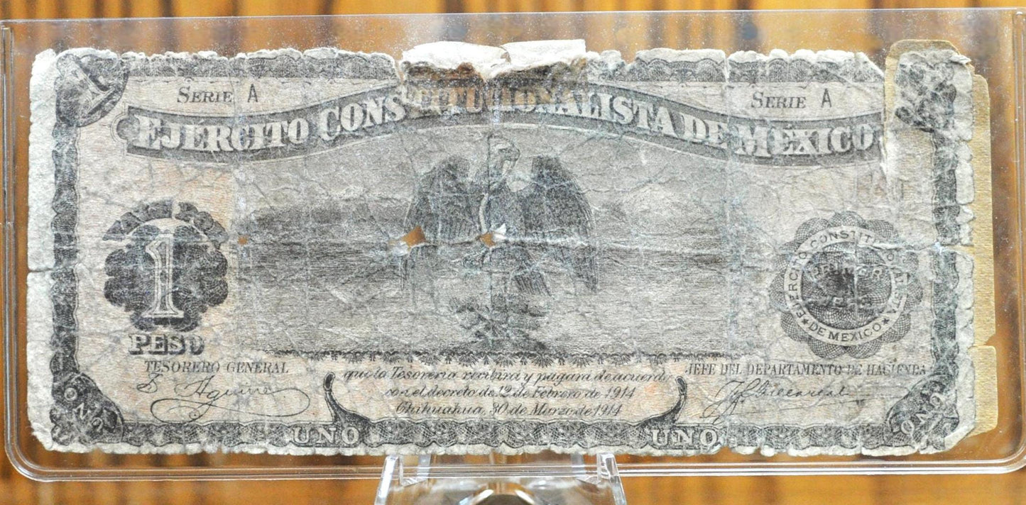 1914 Mexican Revolution 1 Peso Bank Note - Ejercito Constitutionalista de Mexico - Rarer 1914 Mexico One Peso Banknote - P#S523a