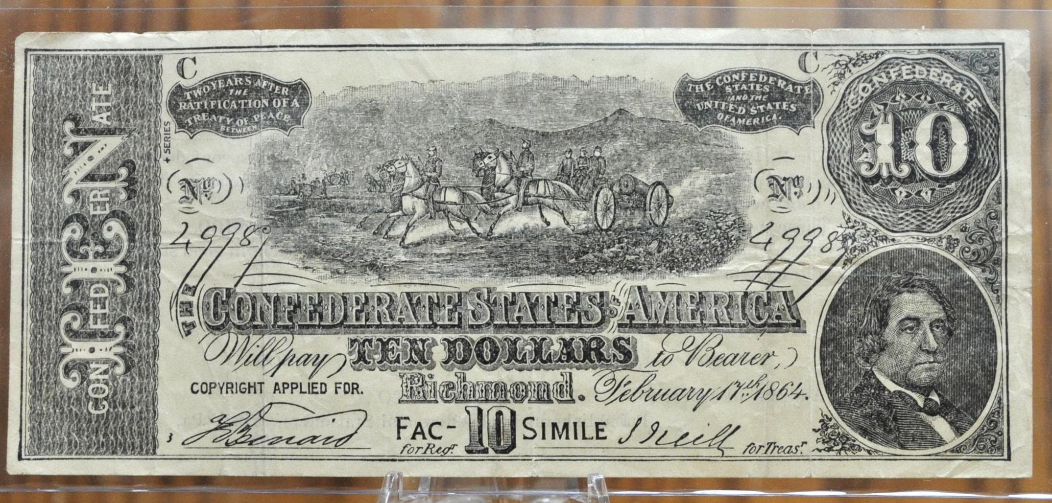 1960's Facsimile 1864 Confederate States of America 10 Dollar Bill