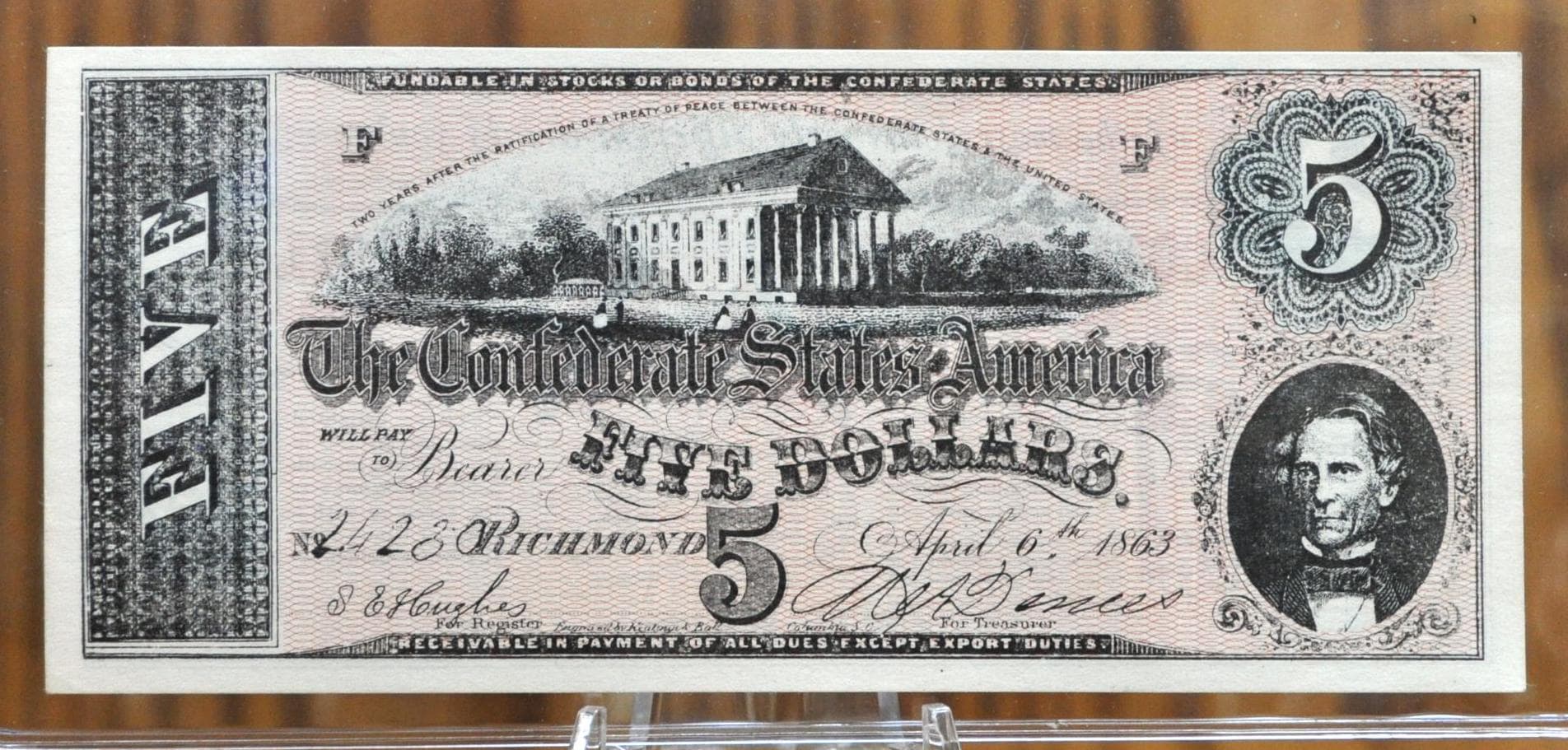 1960's Facsimile 1863 Confederate States of America 5 Dollar Bill Ad - Southern Comfort Ad - Confederate Five Dollar Reproduction Advert