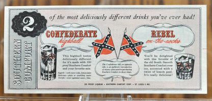 1960's Facsimile 1863 Confederate States of America 5 Dollar Bill Ad - Southern Comfort Ad - Confederate Five Dollar Reproduction Advert