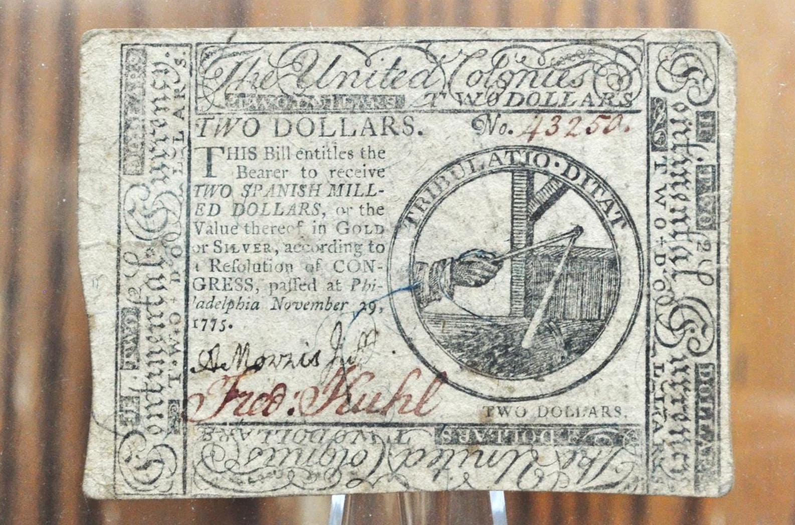 1775 2 Dollar Continental Currency Banknote - Nov. 29th, 1775 - CC-12 - 1775 Two Spanish Milled Dollars Continental Congress Note