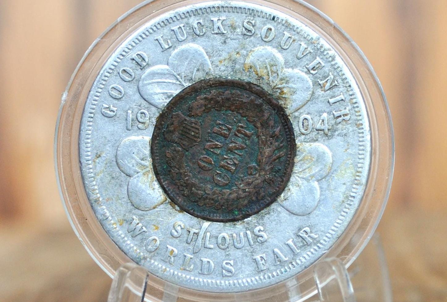 1904 St. Louis Worlds Fair Good Luck Token - Mascot Penny - I Bring Good Luck - Good Luck Charm 1904 Encased Indian Head Penny