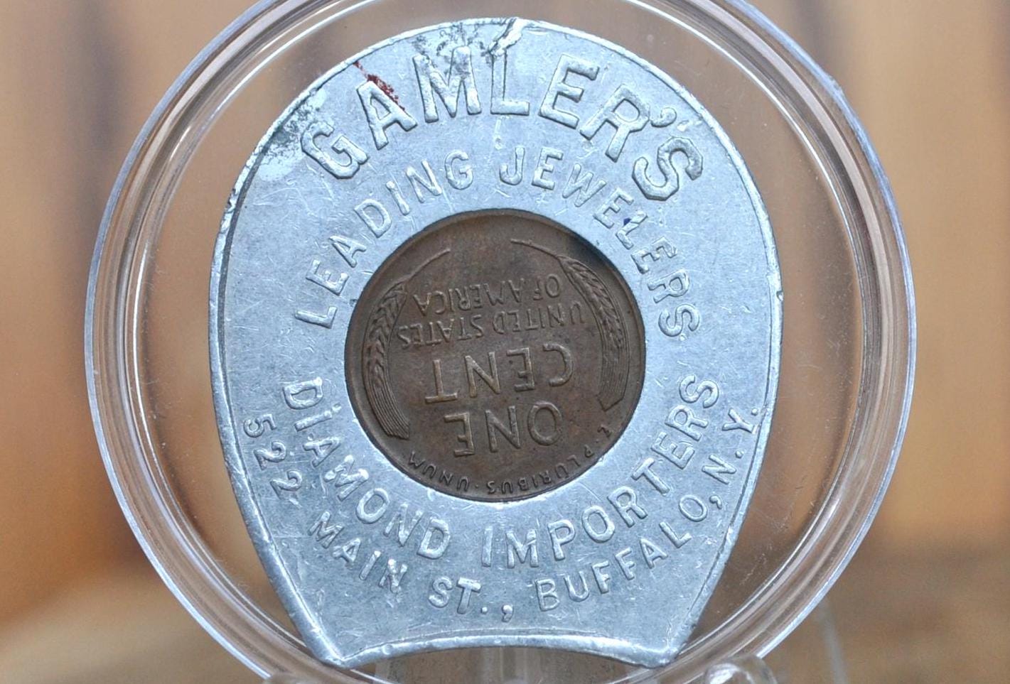 Gamler's Good Luck Token - Buffalo NY, Diamond Importers - Leading Jewelers - Good Luck Pocket Piece 1946 Encased Penny