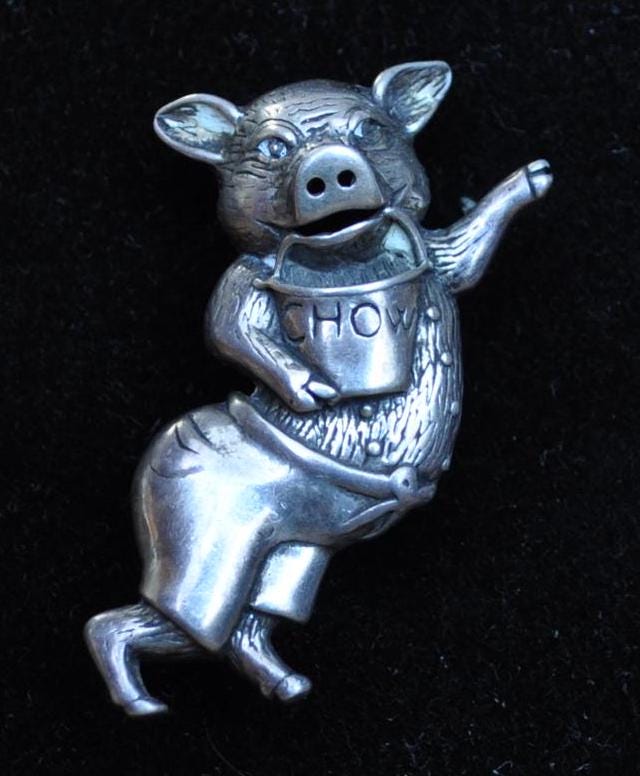 Awesome Vintage Dancing Pig Pin! Sterling Silver - Jezlaine Pig with Chow Bucket Pin - Vintage Pig Brooch, Jezlaine Stamped, Hilarious