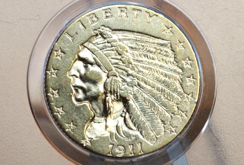 1911 2.5 Dollar Gold Coin, Choice AU, Beautiful Coin, Two and a Half Dollar Gold 1911 Indian Head Gold Quarter Eagle, Historic Coin Type