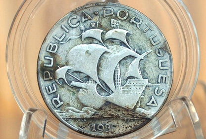 1937 Portuguese Silver 5 Escudos Portugal - F/VF - Rarer Date, Beautiful Design - Republica Portugesa Five Escudos 1937 - Portuguese Coin