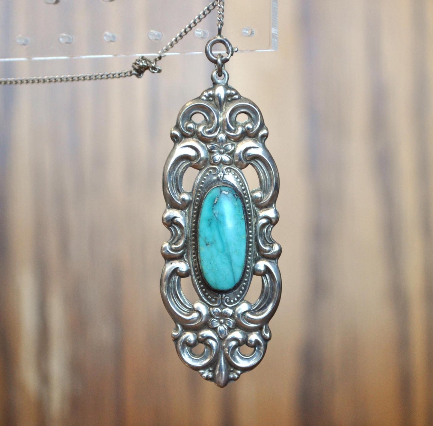 Vintage Towle Sterling Turquoise Pendant - 1970s Authentic Turquoise Grand Duchess Pendant / Towle Stamped Turquoise Pendant Sterling Silver