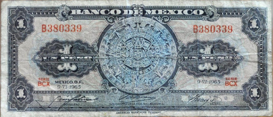 1954 Bank of Mexico 1 Peso Bank Note - Aztec Calendar Design - Series FA - Excellent Condition - 1954 One Peso Mexico Note - P#56b