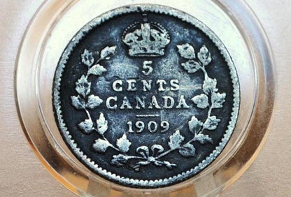 1909 Canadian Silver 5 Cent Coin - F (Fine) Condition - King George - Canada 5 Cent Sterling Silver 1909 Canada