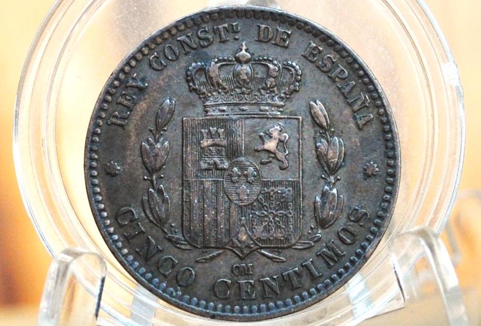 1877 Spanish 5 Centimos - AU, Beautiful Color / Tone - Spain 1877 Cinco Centimos - High Grade Coin, Rarer Date, 5 Cents Spain 1877