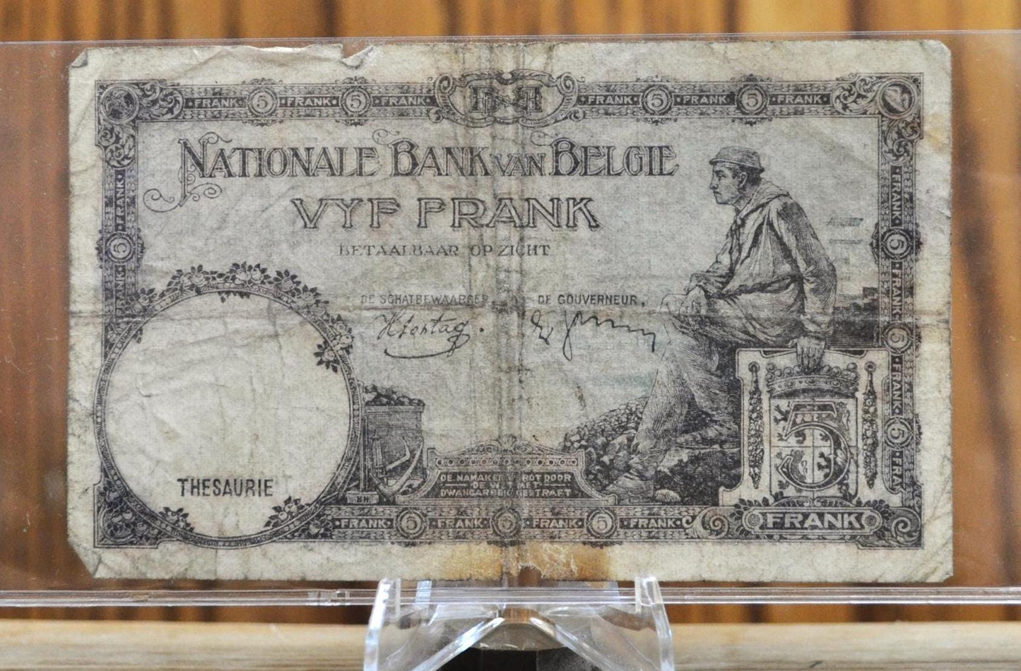 1938 National Bank of Belgium 5 Francs Note - WWII Era Note - Date Error Type- 1938/88 Banque Nationale de Belgique Five Francs Note- P#108x