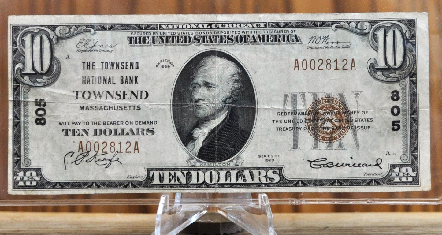 1929 Townsend Massachusetts 10 Dollar National Currency Note - Type 1 Note - 1929 Brown Seal Ten Dollar MA National Bank Note - Charter 805