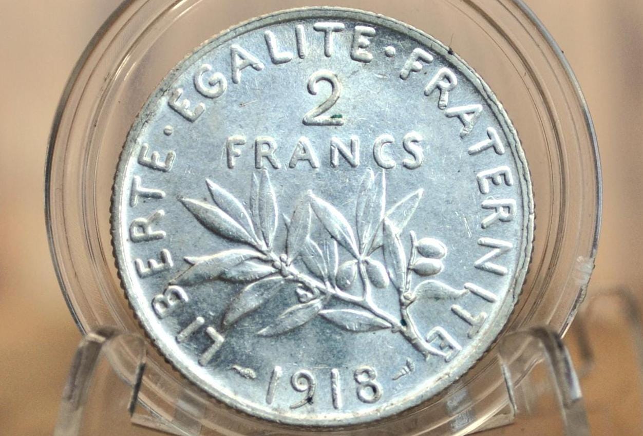 1918 French 2 Franc Coin - BU (Uncirculated) - WWI Era Silver Franc - France Silver 2 Franc Coin - 1918 Two Francs, Silver Francs, Authentic