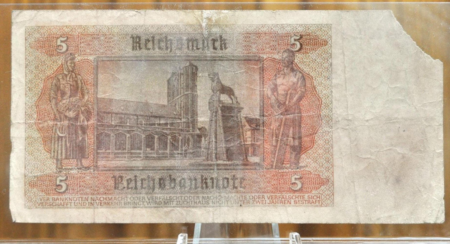 1942 5 Reichsmark German Bank Note - 1942 Reichsbanknote Reichsmark Note - Circulated Condition - 1942 Five Reichsmark Note - P#186a