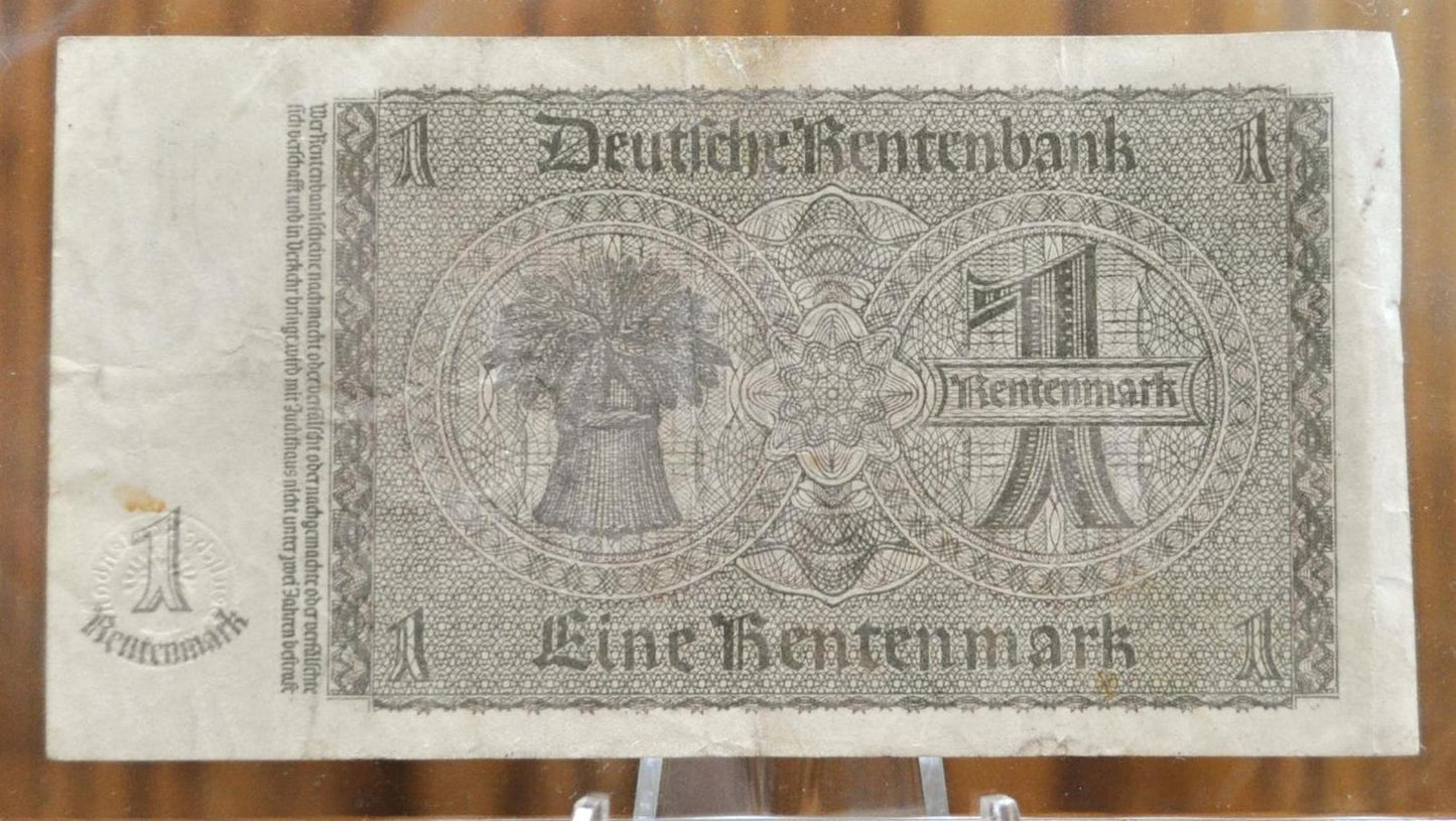 1937 1 Rentenmark German Paper Note - Rentenbankschein - 8-Digit Serial Number - 1937 One Eine Rentenmark Germany Bank Note - P#173b