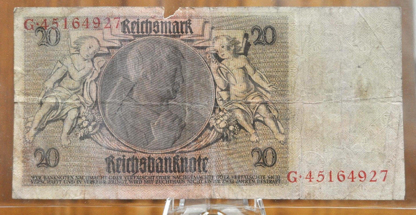 1929 20 Reichsmark German Bank Note - 1929 Reichsbanknote Reichsmark Note - Circulated Condition - 1929 Twenty Reichsmark Note - P#181a