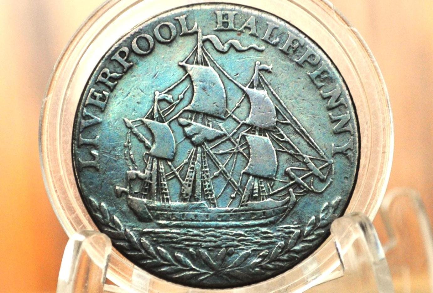 1791 Liverpool Halfpenny Token - Higher Grade - Condor Token 1791, Lancashire - Liverpool 1791 Sail Ship 1/2 Penny