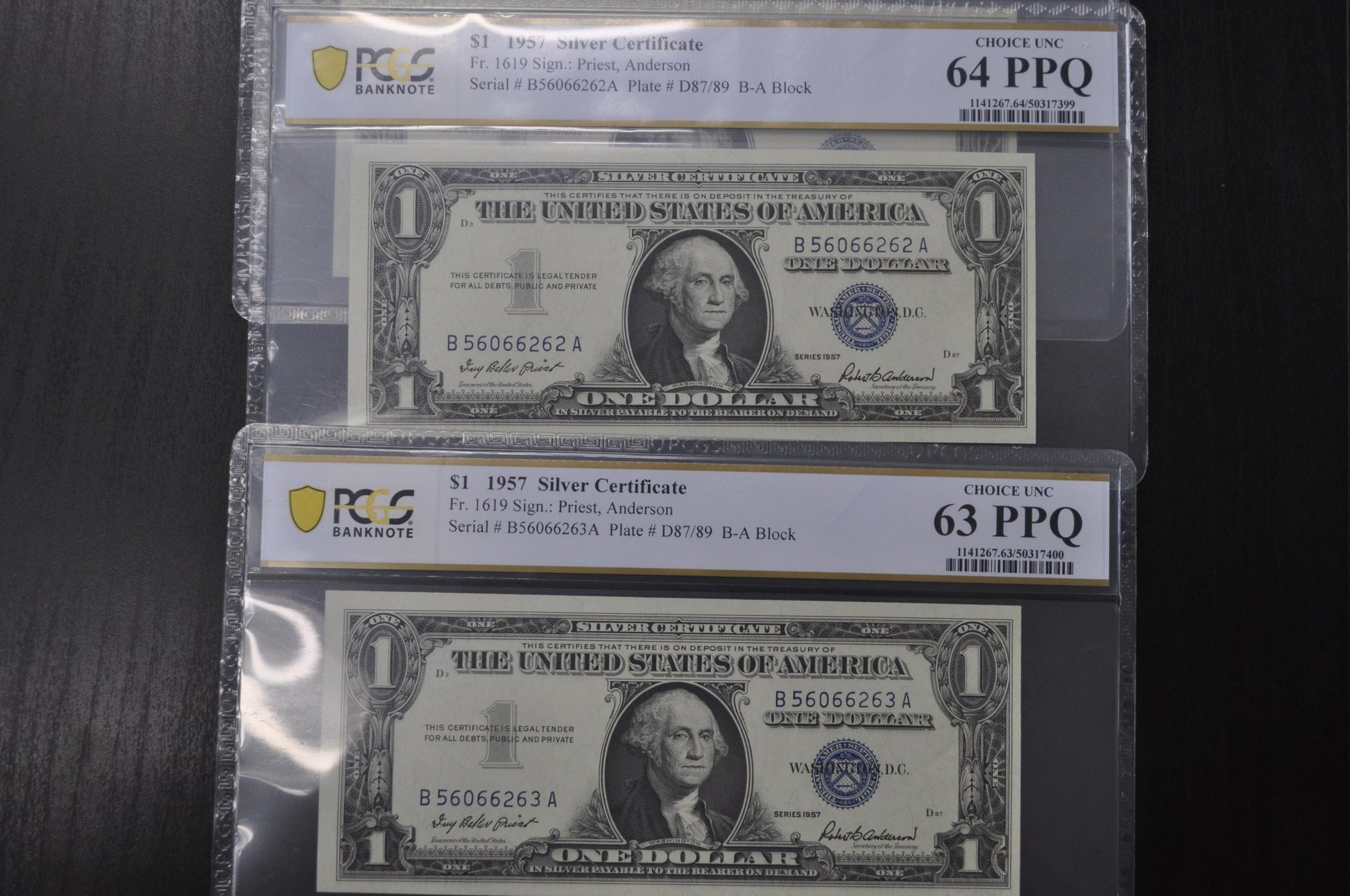 1957 Silver Certificate 5 Consecutive Serial Numbers - PCGS Graded 64 Choice Uncirculated - 1957 Silver Cert PCGS Certified Notes - Fr#1619