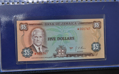 1977 Bank of Jamaica Star Note Collectors Set - Serial Number 1747 - 1, 2, 5, 10 Dollar Notes - 1977 Jamaican Star Note Collectors Book