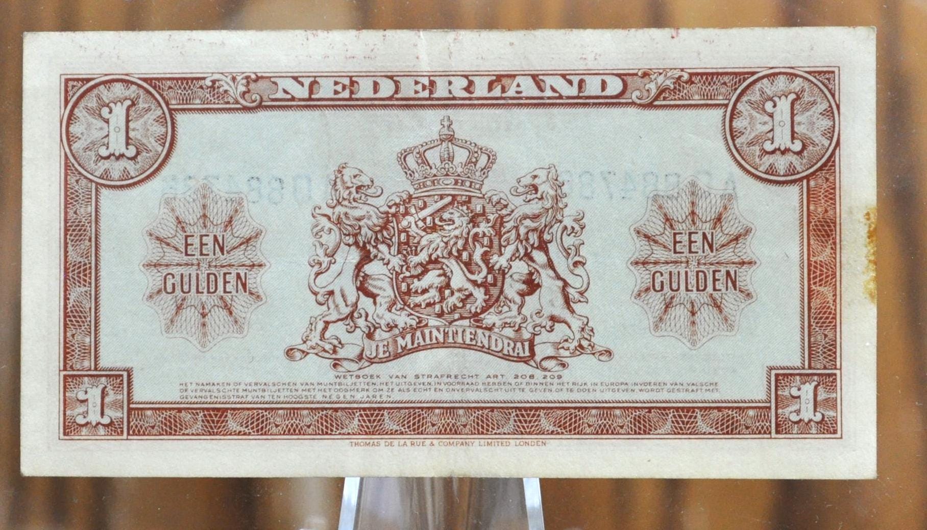 1945 Netherlands 1 Gulden Banknote - 1945 Muntbiljet Issue, 2 Letter Prefix - WWII Era Netherlands One Gulden Note 1945 - P#70