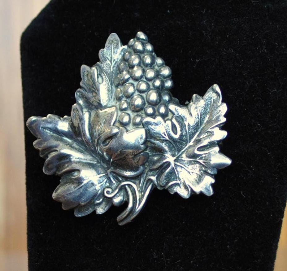 Vintage Sterling by JewelArt Grape Cluster Brooch - JewelArt Signed Sterling Silver Grape Leaves Cluster Pin - Vintage Grape Cluster Pin