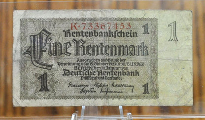 1937 1 Rentenmark German Paper Note - Rentenbankschein - 8-Digit Serial Number - 1937 One Eine Rentenmark Germany Bank Note - P#173b