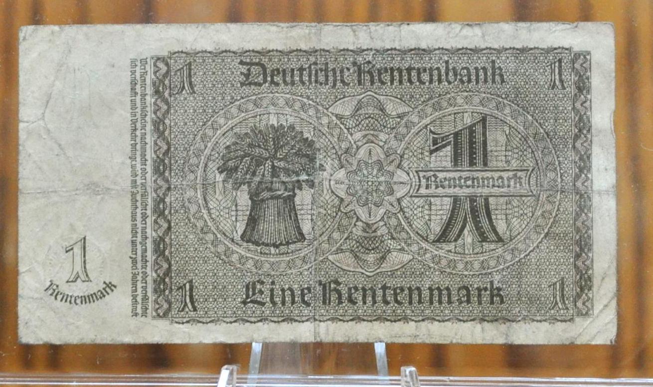 1937 1 Rentenmark German Paper Note - Rentenbankschein - 8-Digit Serial Number - 1937 One Eine Rentenmark Germany Bank Note - P#173b