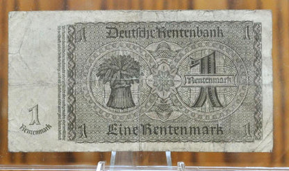 1937 1 Rentenmark German Paper Note - Rentenbankschein - 8-Digit Serial Number - 1937 One Eine Rentenmark Germany Bank Note - P#173b
