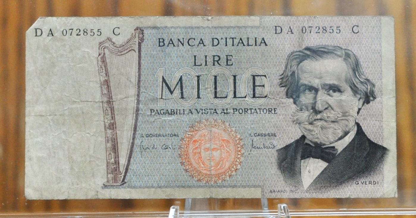 1975-77 Bank of Italy 1000 Lire Italian Banknote- Giuseppe Verdi Series - Choice of Signatures- 1970s Italy One Thousand Lire Note- P#101d/e