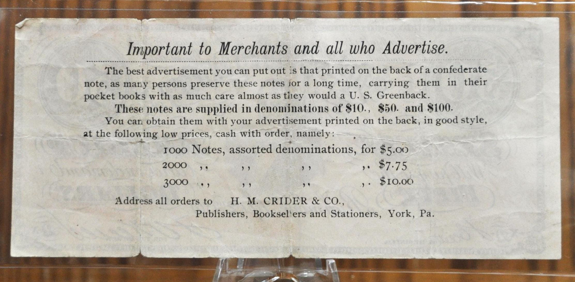 1960's Facsimile 1861 Confederate States of America 50 Dollar Bill Ad - Confederate Fifty Dollar Bill Reproduction Advertisement