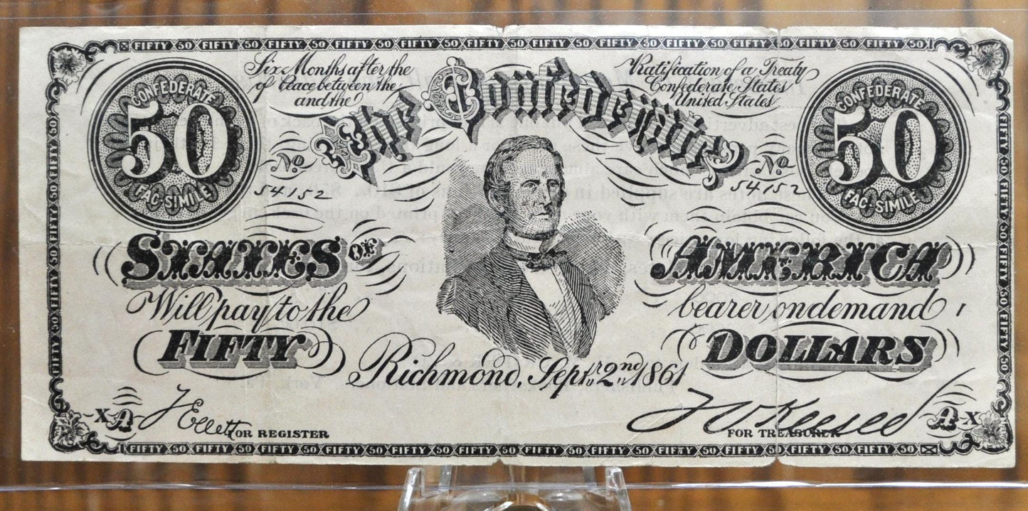 1960's Facsimile 1861 Confederate States of America 50 Dollar Bill Ad - Confederate Fifty Dollar Bill Reproduction Advertisement