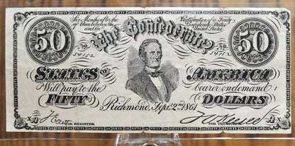 1960's Facsimile 1861 Confederate States of America 50 Dollar Bill Ad - Confederate Fifty Dollar Bill Reproduction Advertisement