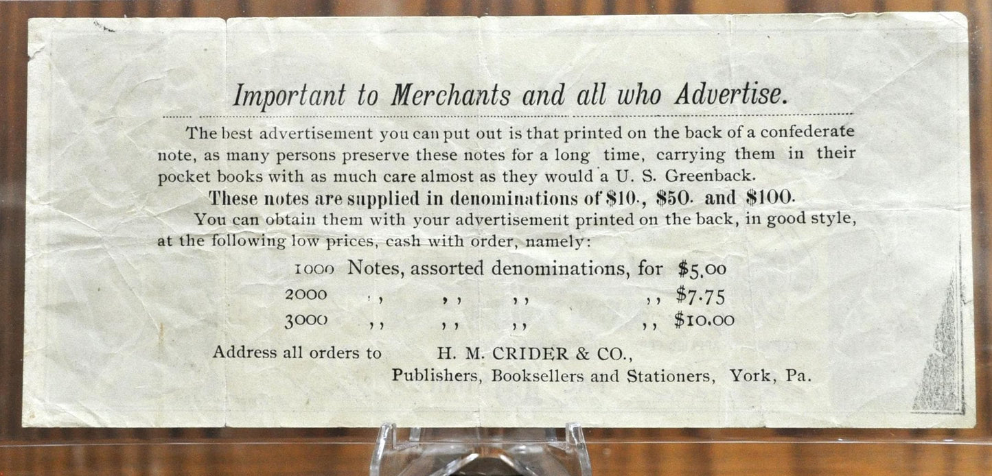 1960's Facsimile 1864 Confederate States of America 10 Dollar Bill Ad - H.M. Crider - Confederate Ten Dollar Bill Reproduction Advertisement