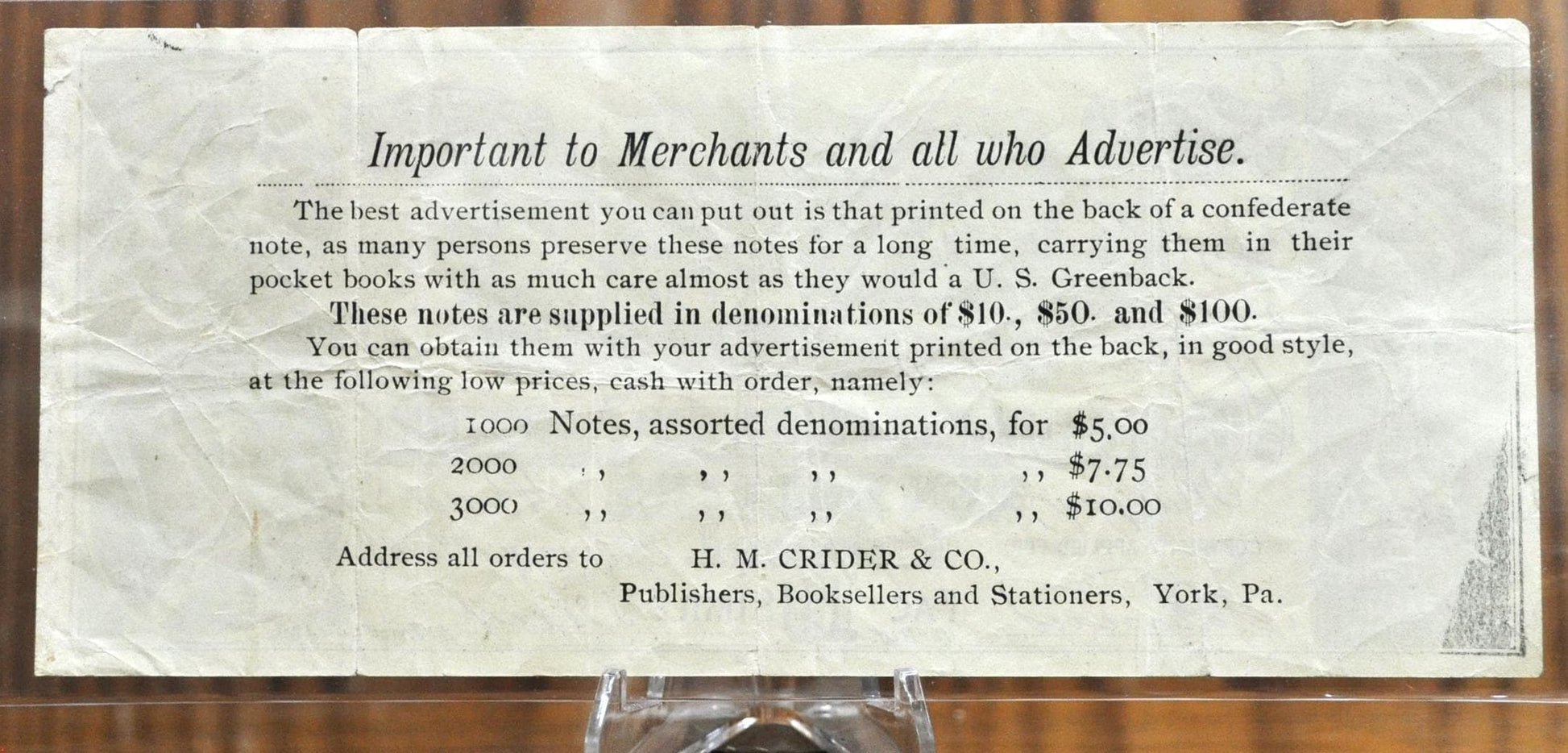 1960's Facsimile 1864 Confederate States of America 10 Dollar Bill Ad - H.M. Crider - Confederate Ten Dollar Bill Reproduction Advertisement