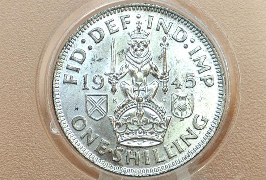 Vintage 1940s-60s Great Britain One (1) Shilling Coin featuring Queen Elizabeth or King George and Scottish and English Shields