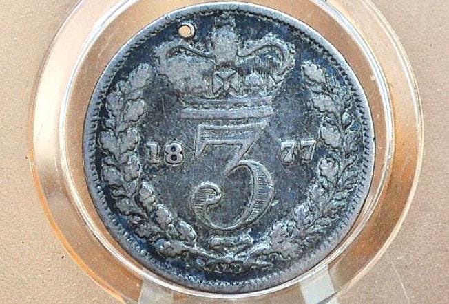 1877 Threepence Great Britain 3 Pence Silver - Great Detail - UK 3 Pence Silver 1877 - Queen Victoria / Victorian Era, Low Mintage Date