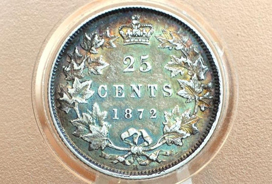 1872 Canadian Silver Quarter - AU, Rainbow Toned, Counterstamped - Queen Victoria - 92.5% Silver Quarter Canada - Canadian Coin Collection