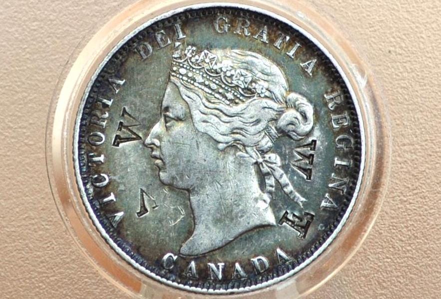 1872 Canadian Silver Quarter - AU, Rainbow Toned, Counterstamped - Queen Victoria - 92.5% Silver Quarter Canada - Canadian Coin Collection