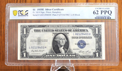 1935 E Silver Certificate Blue Seal -PCGS Graded 62 Uncirculated - Sleeved Note - E Series Silver Cert 1935 PCGS Certified Note - Fr#1614