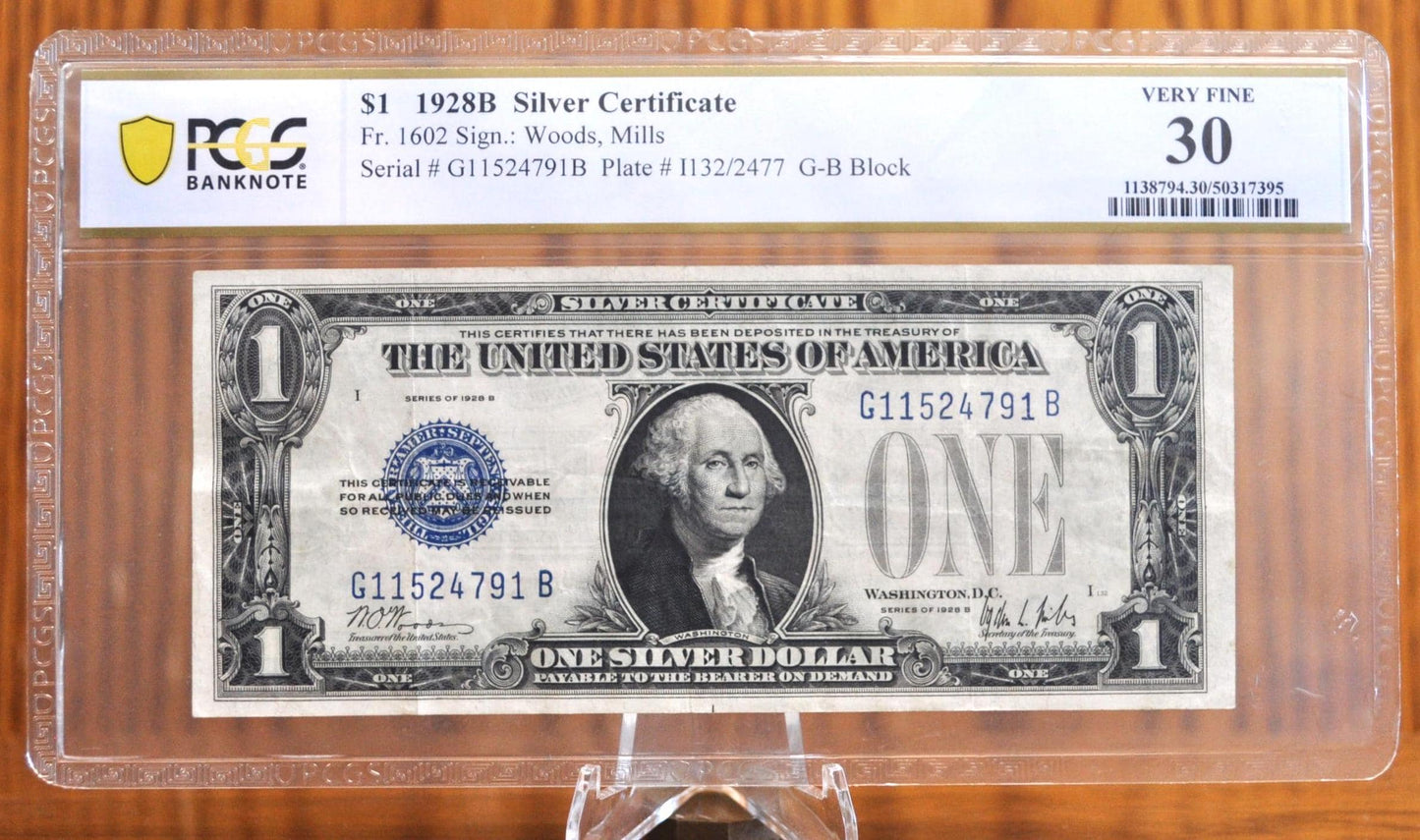 1928 B Silver Certificate Blue Seal -PCGS Graded 30 Very Fine - Sleeved Note - B Series Silver Cert 1928 PCGS Certified Note - Fr#1602