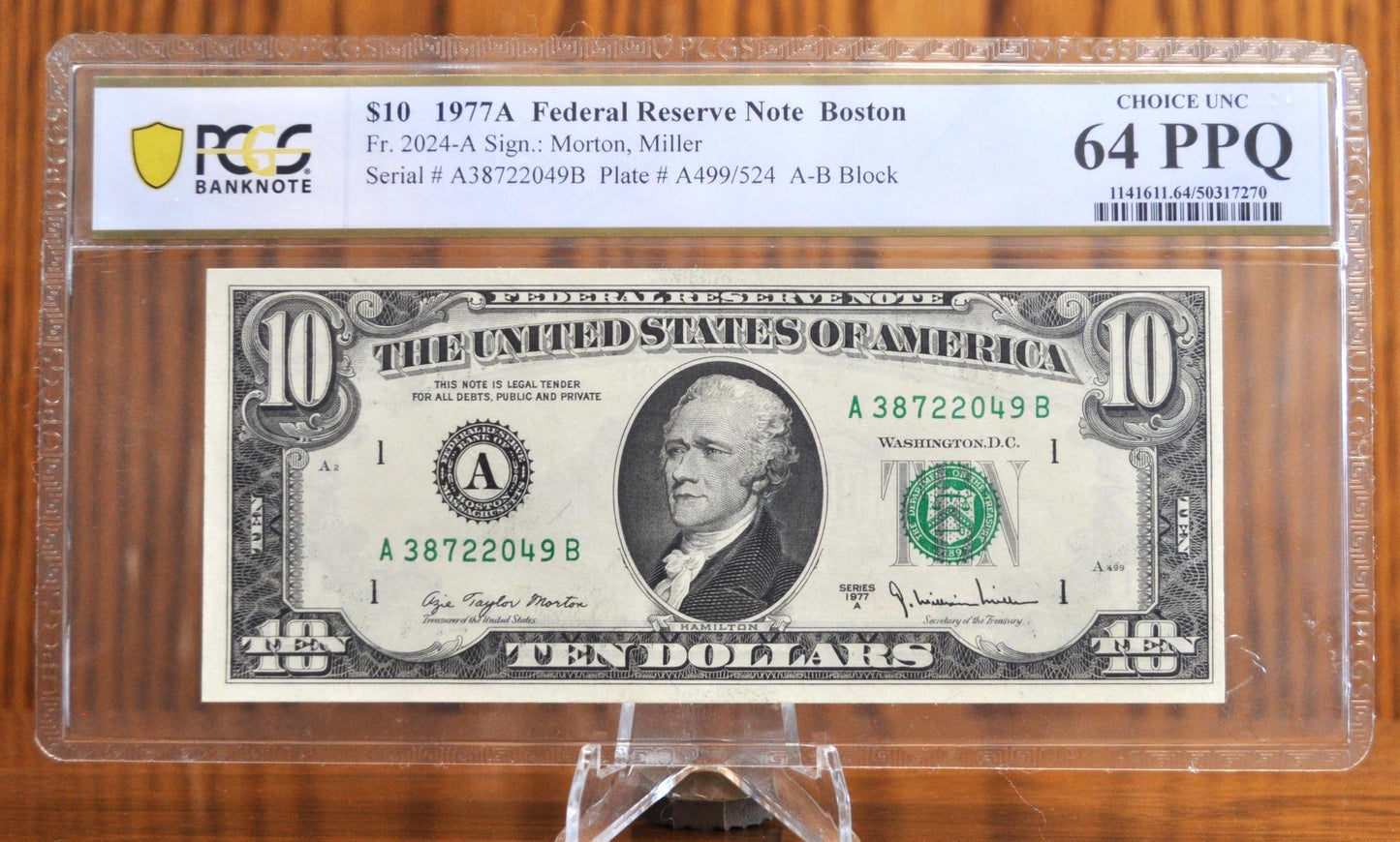 1977 A Federal Reserve 10 Dollar Note - PCGS Graded 64 Choice Uncirculated - A Series Boston Federal Reserve Note PCGS Certified - Fr#2024-A